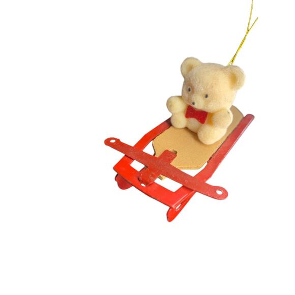 Vintage Flocked Teddy Bear on Sled Ornament Metal Wood - Picture 2 of 6
